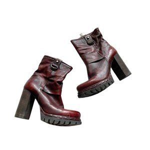 A.S 98 High Heel Ankle Bootie Leather Round Toe Casual Side Zip Burgundy 38